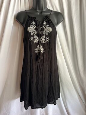 Love Tree Black Embroidered Mini Dress with Tassel Tie